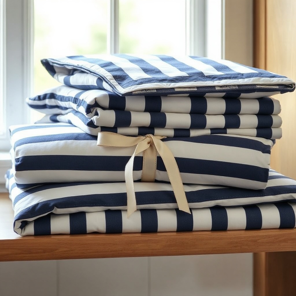 Pressed navy bedding, folded and ribboned